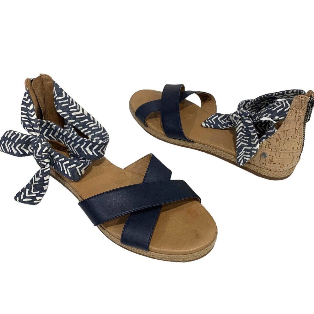 Ugg IDINA Navy Blue Leather lkat Cork Sandals